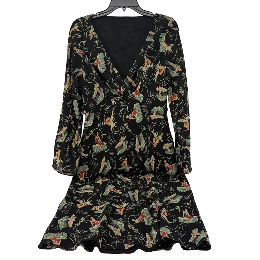 Vintage Handmade Novelty Print Dress Black V-Neck Long Sleeve Aviation 1940s 50s